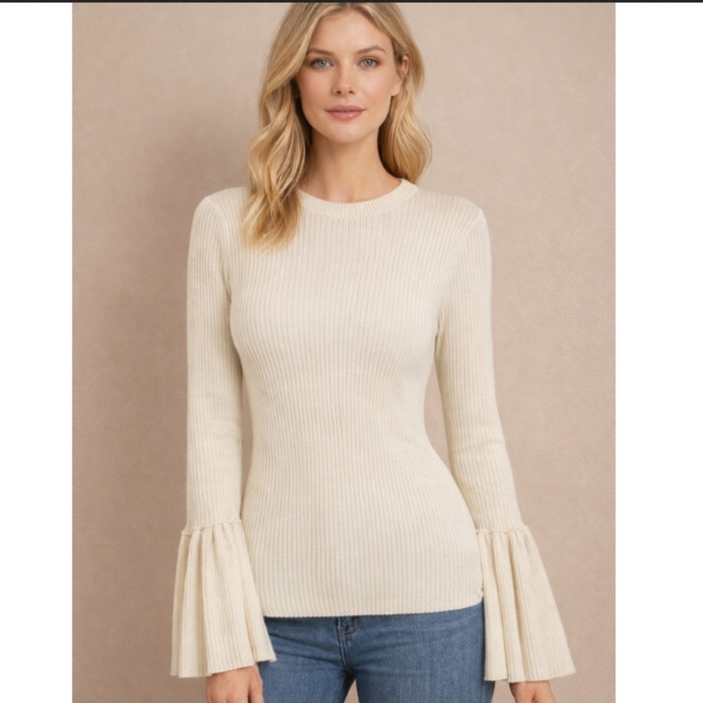 FRAME Ivory Ribbed Bell Sleeve Wool Blend Sweater Small